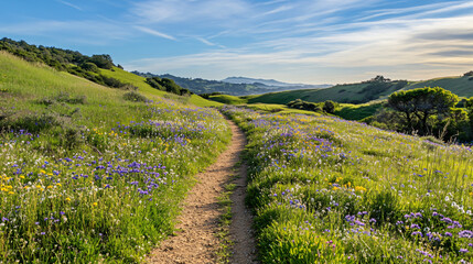 Naklejka premium A hill dotted with wildflowers, inviting hikers to explore its natural beauty.