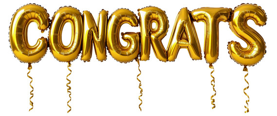 Fototapeta premium Golden balloon spells congrats, isolated word for anniversary or jubilee event, company celebration text in shiny font, success symbol for party invitation, transparent background