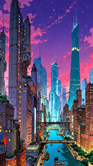 Futuristic Anime Landscape with Floating Cities Neon-Lit Rivers and Towering Retro-Futuristic Skyscrapers