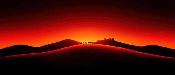 Stunning sunset over rolling hills with silhouetted landscape, vibrant red and orange gradient sky.
