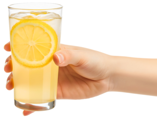 Hand holding lemonade glass, isolated refreshing juice drink, fresh summer cocktail with fruit, lemon slices in cold beverage, healthy citrus concoction on transparent background