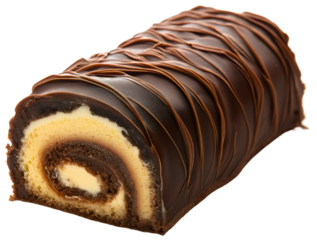 Swiss roll pastry isolated, chocolate and cream swirled dessert, deliciously cut cake slice, sweet food from bakery, tasty brown and white sponge treat on transparent background