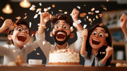 A group of three animated characters joyfully celebrate a special occasion with a cake and confetti in a lively, cheerful atmosphere.
