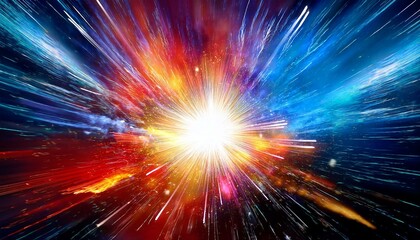 Chromatic Explosion: A central point of bright white light surrounded by splashes of deep reds, blues, and yellows. 