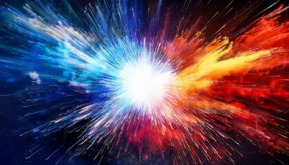 Chromatic Explosion: A central point of bright white light surrounded by splashes of deep reds, blues, and yellows. 