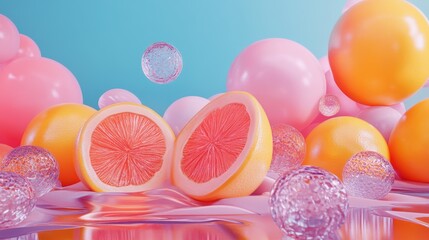 A dreamlike scene of grapefruit halves surrounded by floating vibrant pink and orange bubbles on a reflective surface, conveying freshness and whimsy.