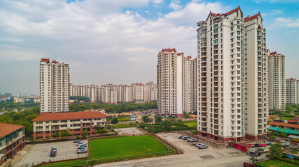Wide angle view of multi storey society flats residential building