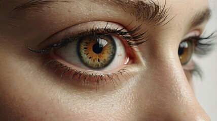 Fototapeta premium Close-up view of striking eyes with golden and green hues, emphasizing intricate details and texture, captured in a bright setting