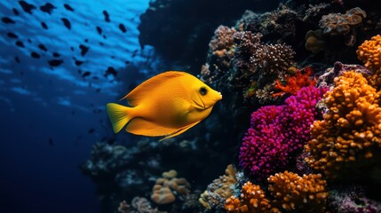 Obraz premium Vibrant yellow fish swimming through colorful coral reef in clear blue ocean water.