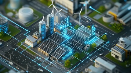 Isometric view of smart energy city with solar panels and wind turbines