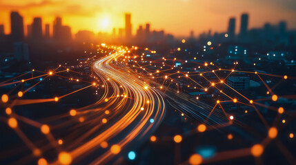 Futuristic cityscape illustrates digital connection, internet and network infrastructure visible, data flows through innovation urban landscape, information age depicted in 5G enabled metropolis