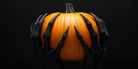 Dark clawed hands grasping pumpkin for halloween decor or spooky themes