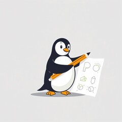 Obraz premium A cartoon penguin drawing shapes and letters while holding a pencil and paper in a minimalist style