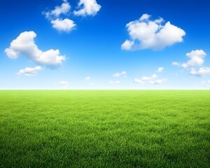 Fototapeta premium A vast green grassland under the blue sky, with clouds scattered in the distance and no trees on it. The background is clean and bright, presenting an endless expanse of emerald-green fields