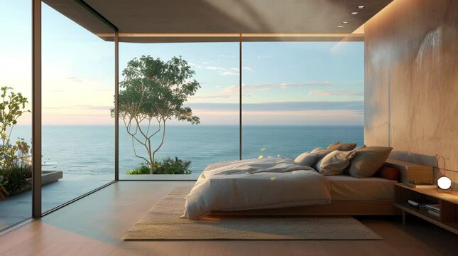 Charming bedroom featuring a large glass window that opens up to a breathtaking beach landscape with waves and golden sand
Seamless looping 4k time-lapse virtual video animation Generated AI