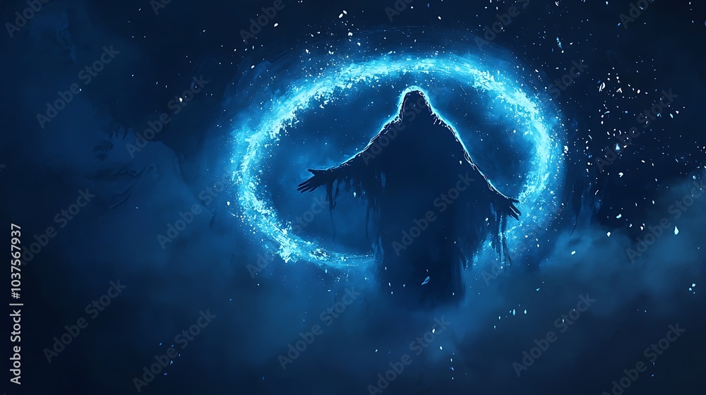 Poster A mysterious being of translucent mist surrounded by an enigmatic glow embracing the unknown in a dark atmosphere