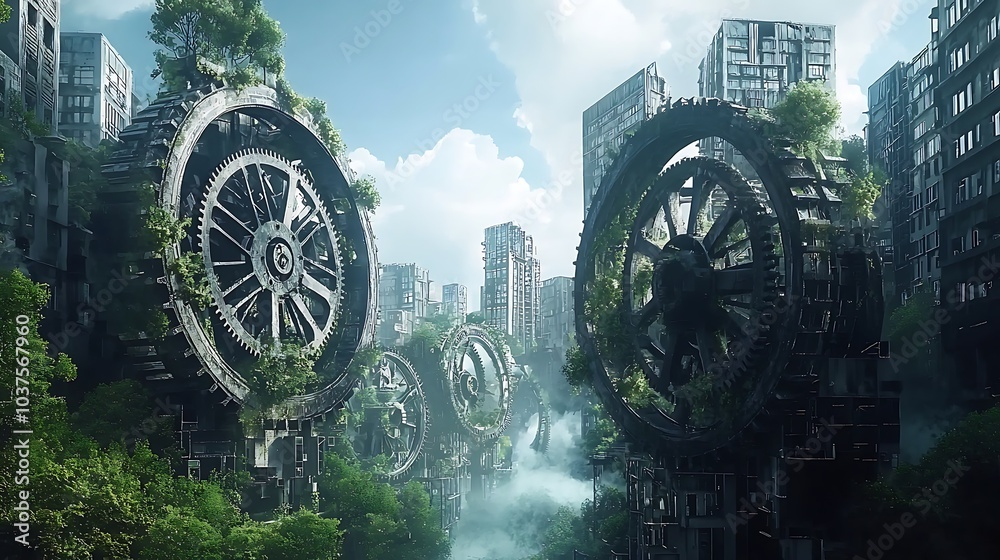 Poster A futuristic metropolis where nature and machines coexist with towering structures and lush greenery rising from the ground