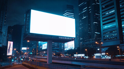 Blank billboard at urban city in night