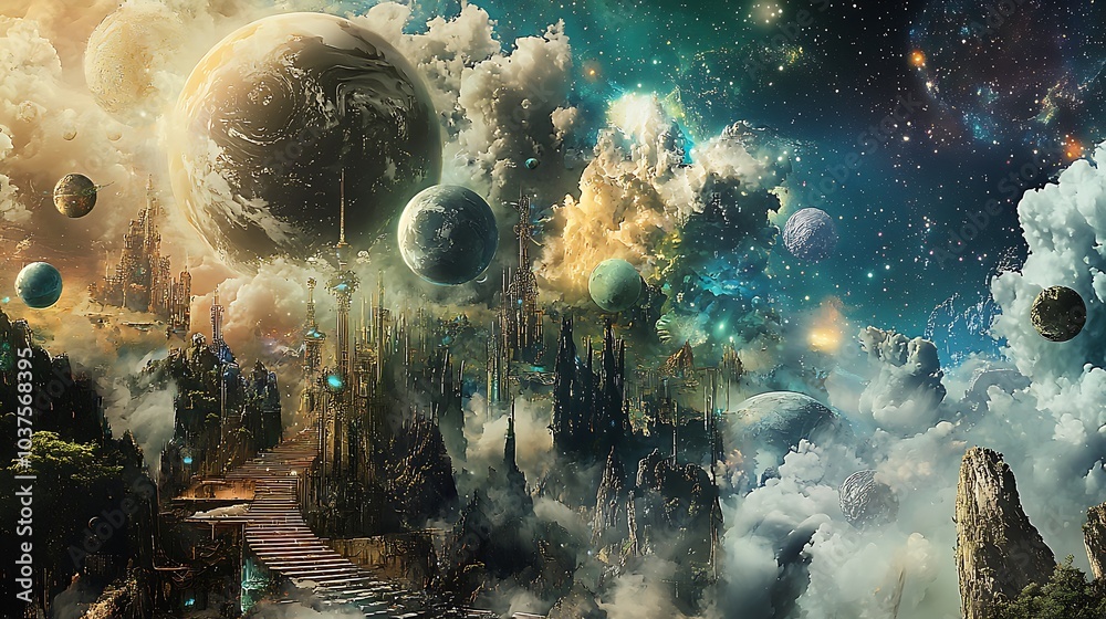 Aufkleber exploring the mystical realms of cosmic landscapes a journey through different atmospheres and dimen