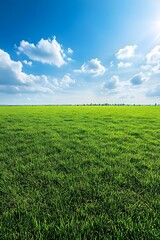 Naklejka premium A vast green grassland under the blue sky, with clouds scattered in the distance and no trees on it. The background is clean and bright, presenting an endless expanse of emerald-green fields