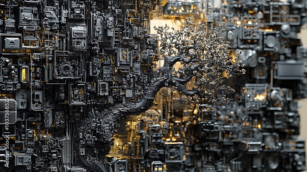 Poster A futuristic city where machines flourish like trees exploring the intersection of nature and technology in urban landscapes
