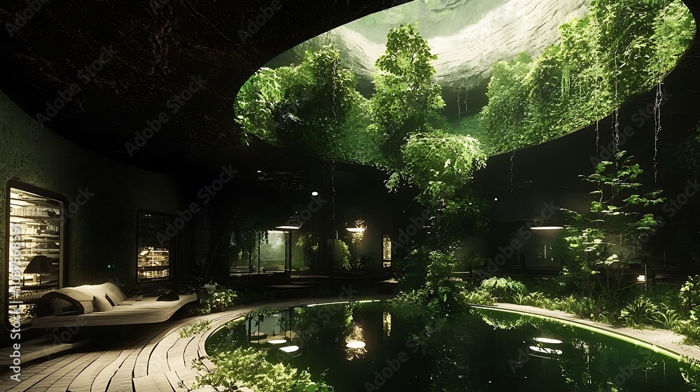 Aufkleber exploring an underground sanctuary where nature and technology coexist harmoniously in a lush oasis 