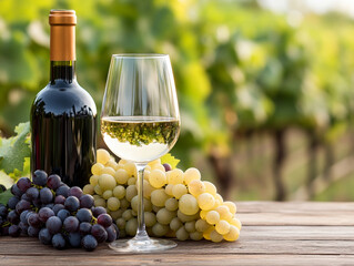 
glasses of red and white wine and ripe grapes on table in vineyard