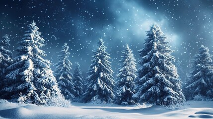 Fototapeta premium Enchanted Winter Forest: Snow-covered evergreen trees stand tall under a mesmerizing night sky