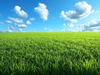 Obraz premium A vast green grassland under the blue sky, with clouds scattered in the distance and no trees on it. The background is clean and bright, presenting an endless expanse of emerald-green fields