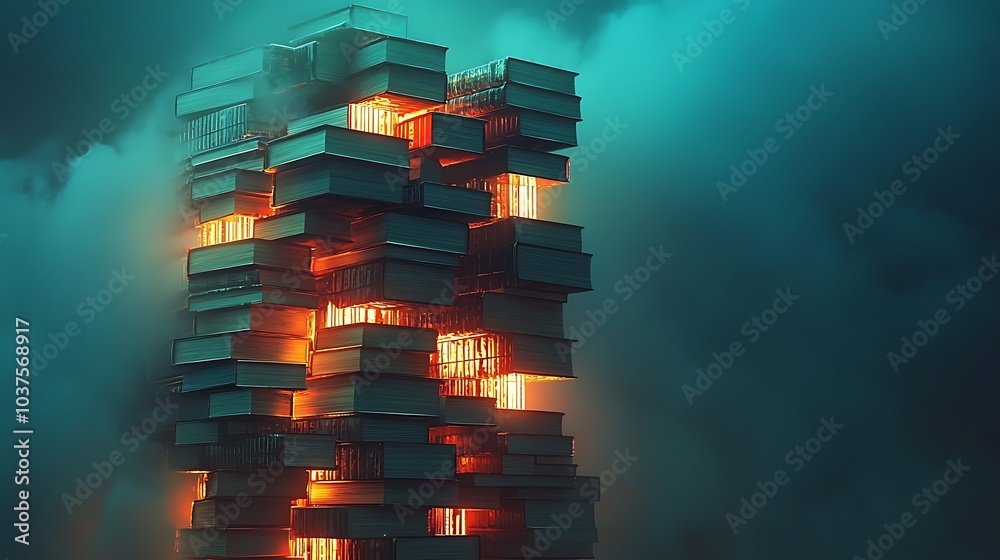 Aufkleber a tower of stacked novels glowing with forbidden words exploring the enigmatic interplay between lit
