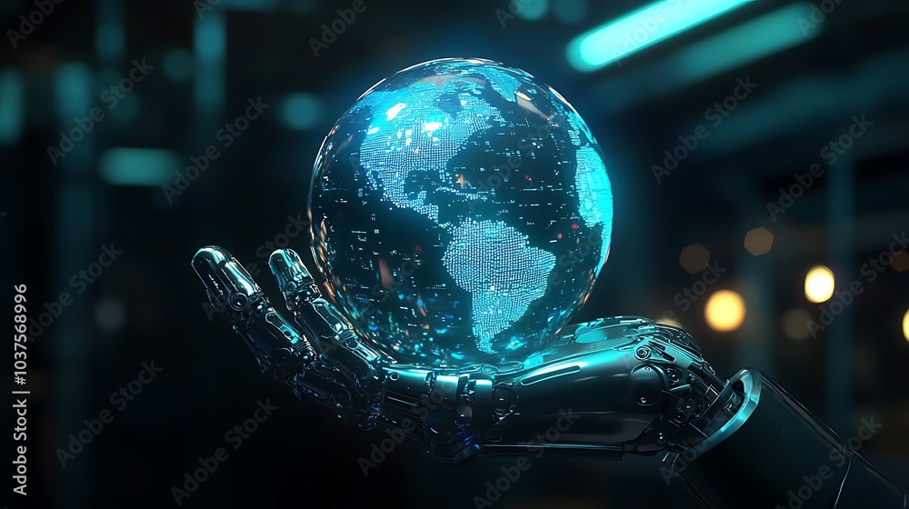 Aufkleber a futuristic robot hand cradling a glowing globe symbolizing global connectivity and technological a