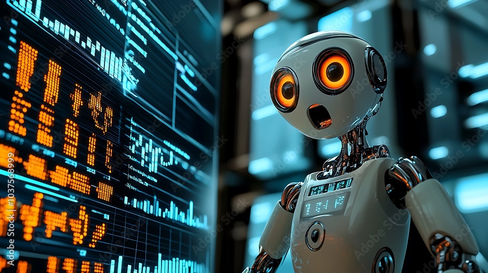 Leinwandbilder a surprised robot analyzing stock market trends a glimpse into ai's reaction to financial data