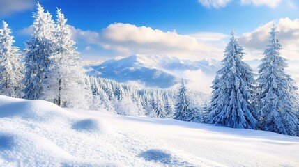 Winter Wonderland: A serene landscape of snow-covered mountains and pine trees under a brilliant blue sky