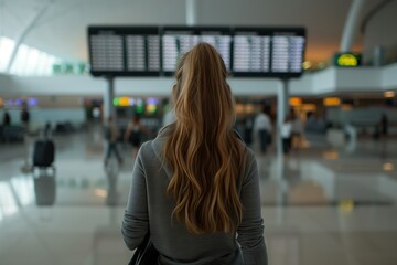 Woman standing at airport terminal observing flight departure board, preparing for travel or checking flight updates in a modern, bustling environment