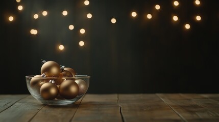 Elegant christmas ornaments in glass bowl with string lights for holiday decor