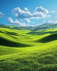 Fototapeta premium A vast green grassland under the blue sky, with clouds scattered in the distance and no trees on it. The background is clean and bright, presenting an endless expanse of emerald-green fields