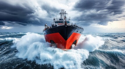 A red and black ship in the ocean, with stormy weather and large waves