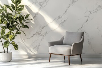 Fototapeta premium A chair is sitting in front of a wall with a plant