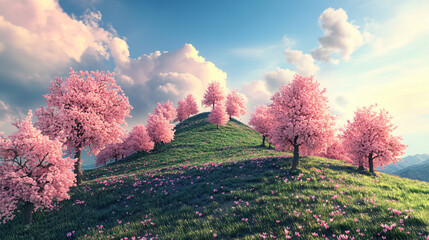 A hill adorned with cherry blossom trees, creating a picturesque spring scene.