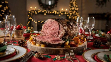 A beautifully set table for Christmas dinner, featuring prime rib roast centerpiece, surrounded by roasted vegetables, festive decorations, and elegant glassware.