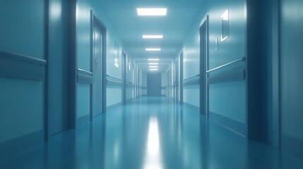 Obraz premium Hospital Corridor: A sterile, blue-lit hallway in a hospital, with rows of doors leading to patient rooms, creating a sense of calm and quiet. The smooth.