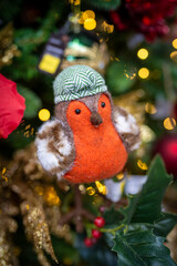 Christmas Robin Plush Decoration Wearing a Green Cap