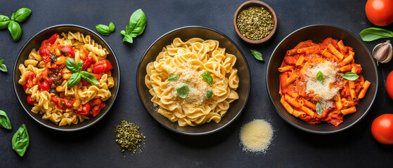 Different pasta meals on plates. tasty restaurant recipes with sauce, macaroni nutrition in Italian style, healthy cuisine dishes of traditional assortment from top above view