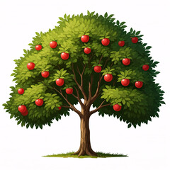 illustrated red apple tree with lush green foliage
