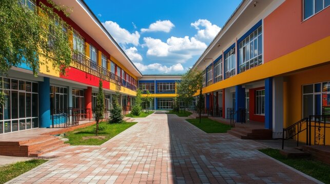 Colorful Modern School Courtyard on a Bright Sunny Day with Clear Blue Sky