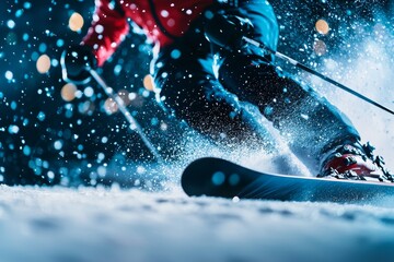 Professional alpine skier racing downhill during Winter Olympics, snow spray and dynamic motion captured in detail