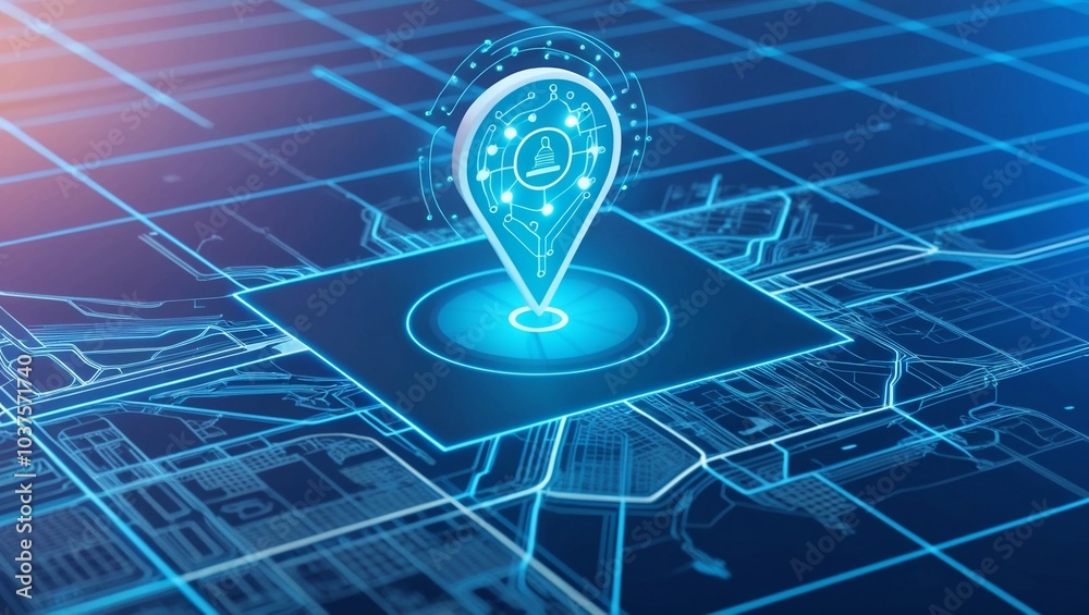 Poster futuristic digital map with glowing location pin, representing advanced geolocation technology and n