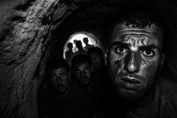 Intense black and white portrait of hostages inside a dimly lit tunnel with fearful expressions