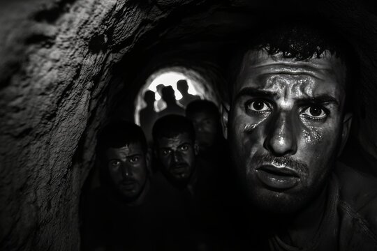 Intense black and white portrait of hostages inside a dimly lit tunnel with fearful expressions