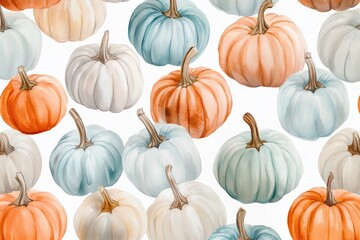 A beautiful pattern of watercolor pumpkins in soft colors, perfect for autumn-themed designs and seasonal decor.